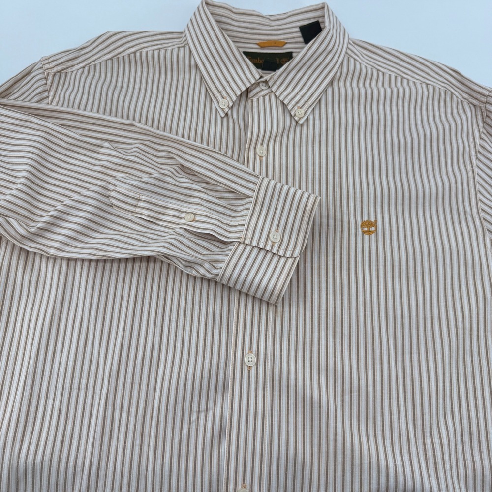 Timberland Button Down Shirt Mens XL Long Sleeve Striped Brown White 100% Cotton